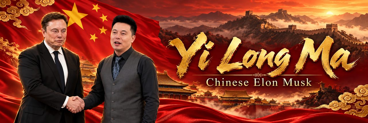 Yi Long Ma banner: two lookalikes shake hands before the Great Wall and palace at sunset